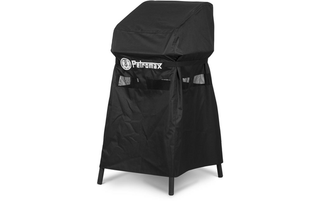 Schwarze Abdeckung über einem rechteckigen Gerät mit vier kurzen Beinen, vorne zwei rechteckige Netzöffnungen und weißes "Petromax"-Logo