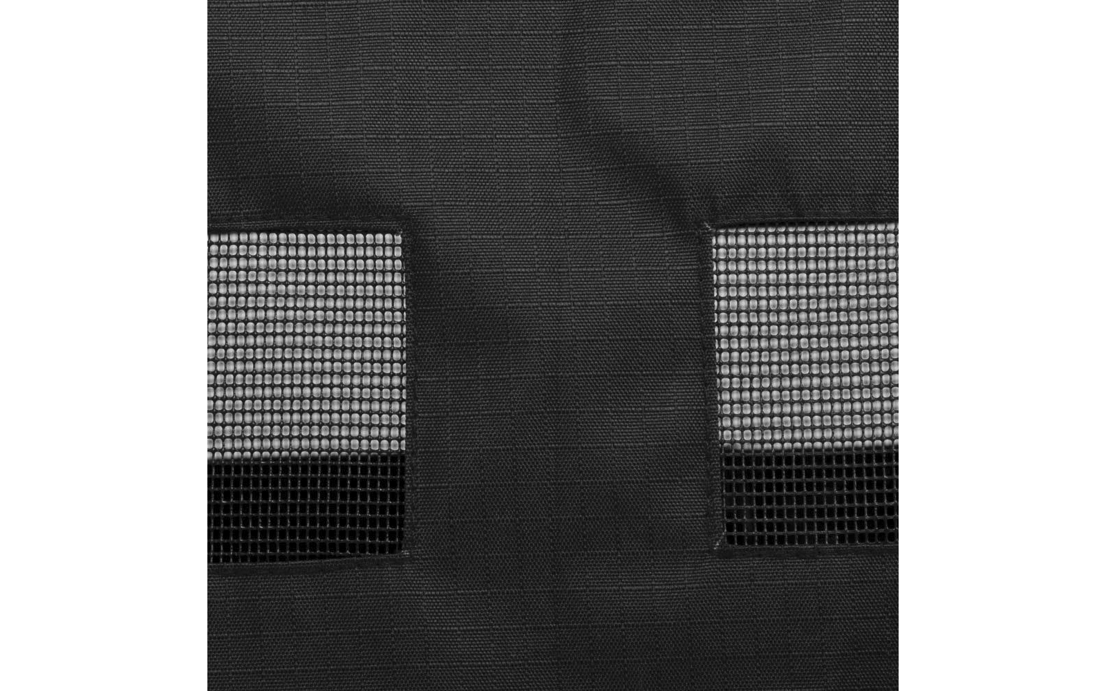 Nahaufnahme eines dunklen, karierten Stoffs mit zwei helleren, rechteckigen Netzgittereinsätzen nebeneinander und einer senkrechten Naht in der Mitte