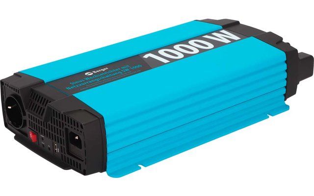Appareil rectangulaire bleu turquoise à surface rainurée, panneau d'extrémité noir avec grilles d'aération, prise et interrupteur rouge, inscription blanche "1000W" sur le dessus