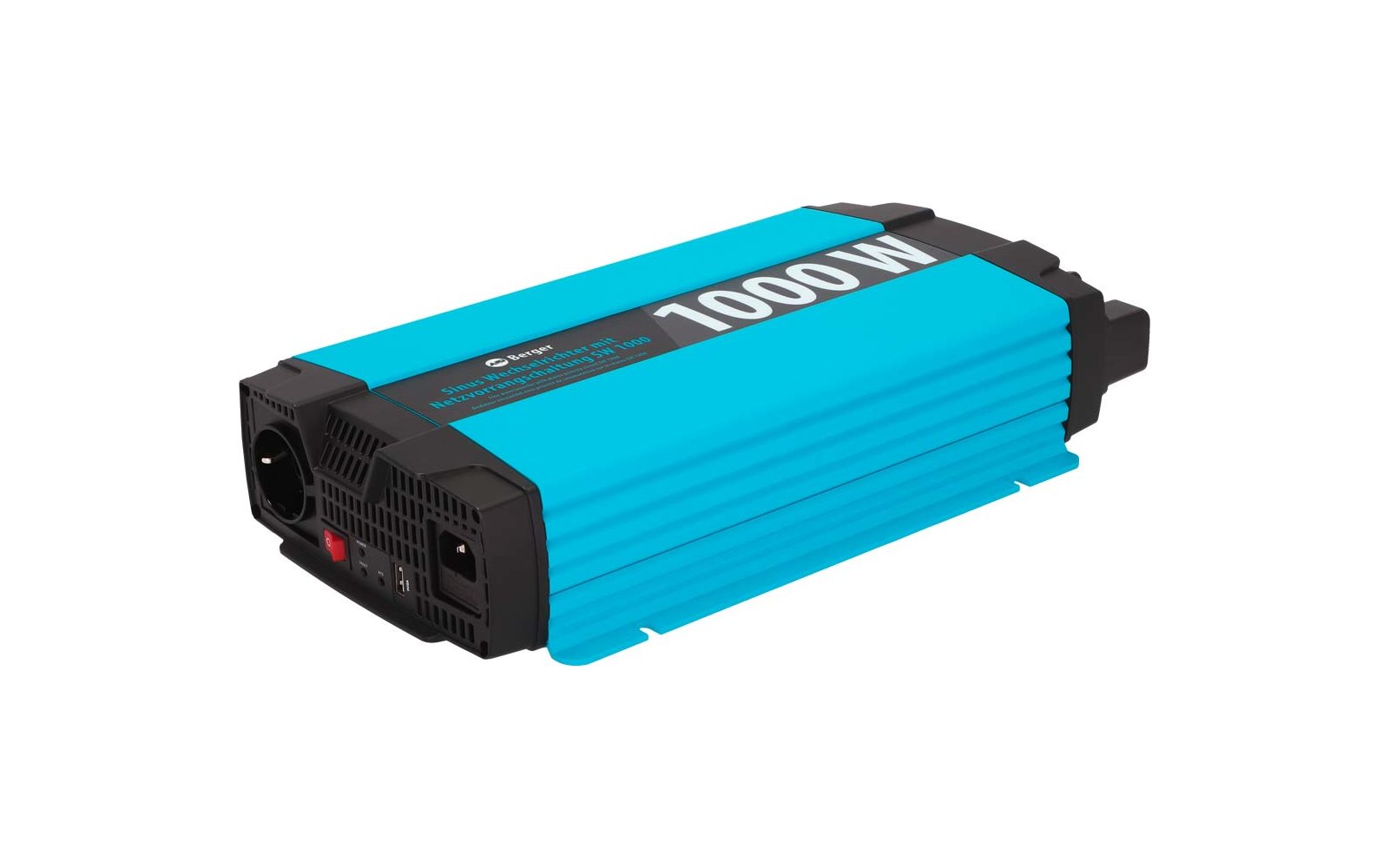 Appareil rectangulaire bleu turquoise à surface rainurée, panneau d'extrémité noir avec grilles d'aération, prise et interrupteur rouge, inscription blanche "1000W" sur le dessus
