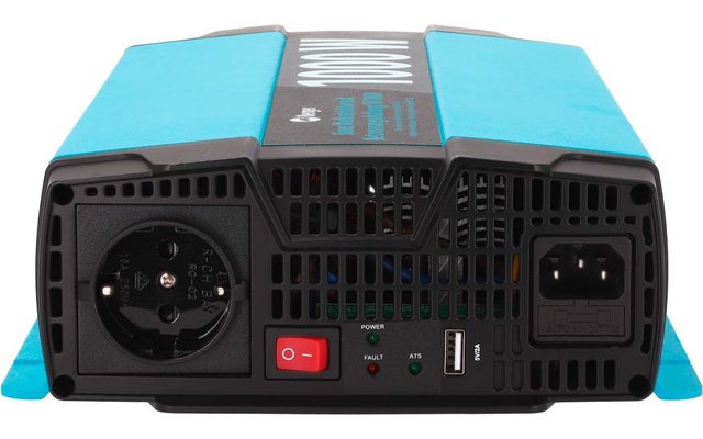Appareil rectangulaire bleu et noir, face avec prise ronde, interrupteur marche/arrêt rouge, port USB, prise IEC et grilles d'aération