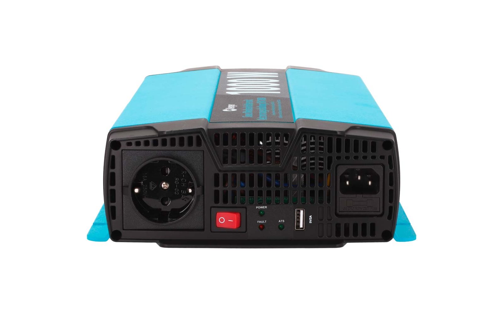 Appareil rectangulaire bleu et noir, face avec prise ronde, interrupteur marche/arrêt rouge, port USB, prise IEC et grilles d'aération