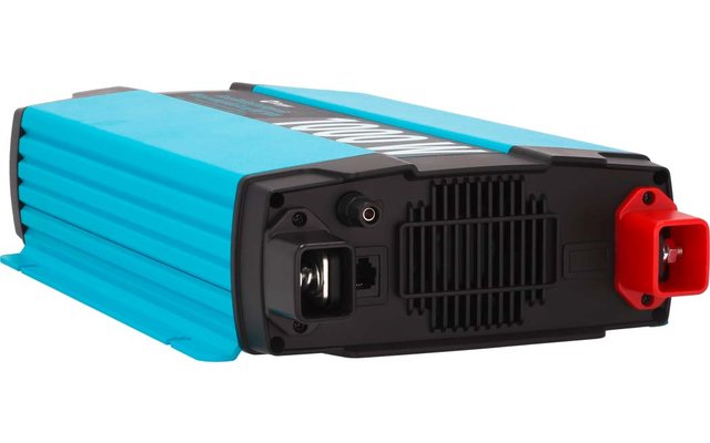 Boîtier rectangulaire turquoise-bleu aux côtés rainurés, face avant noire avec grille de ventilation, plusieurs ports de connexion et un connecteur rouge