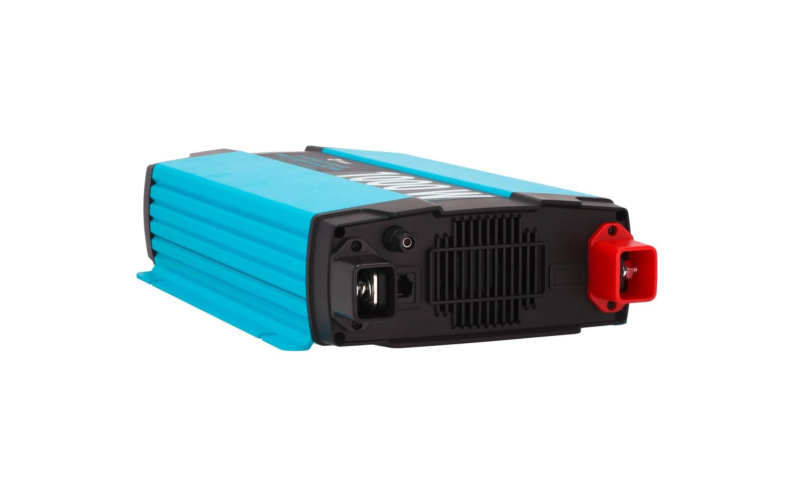 Boîtier rectangulaire turquoise-bleu aux côtés rainurés, face avant noire avec grille de ventilation, plusieurs ports de connexion et un connecteur rouge