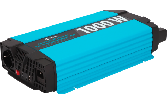 Türkis-blaues rechteckiges Gerät mit geriffelter Oberfläche, schwarzem Endstück mit Lüftungsschlitzen, Steckdose und rotem Schalter, weiße Aufschrift "1000W" oben