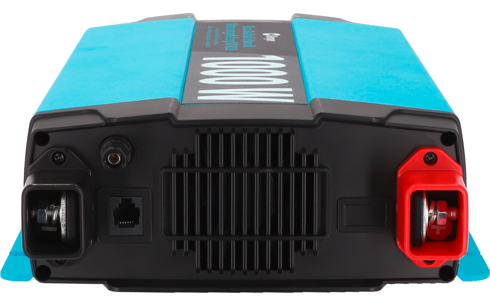 Schwarzes rechteckiges Gerät mit blauen Seiten und weißer Zahl "1000" auf der Oberseite, Front mit vertikalem Lüftungsgitter, links zwei runde Buchsen und eine eckige Buchse, rechts roter Anschluss in roter Abdeckung