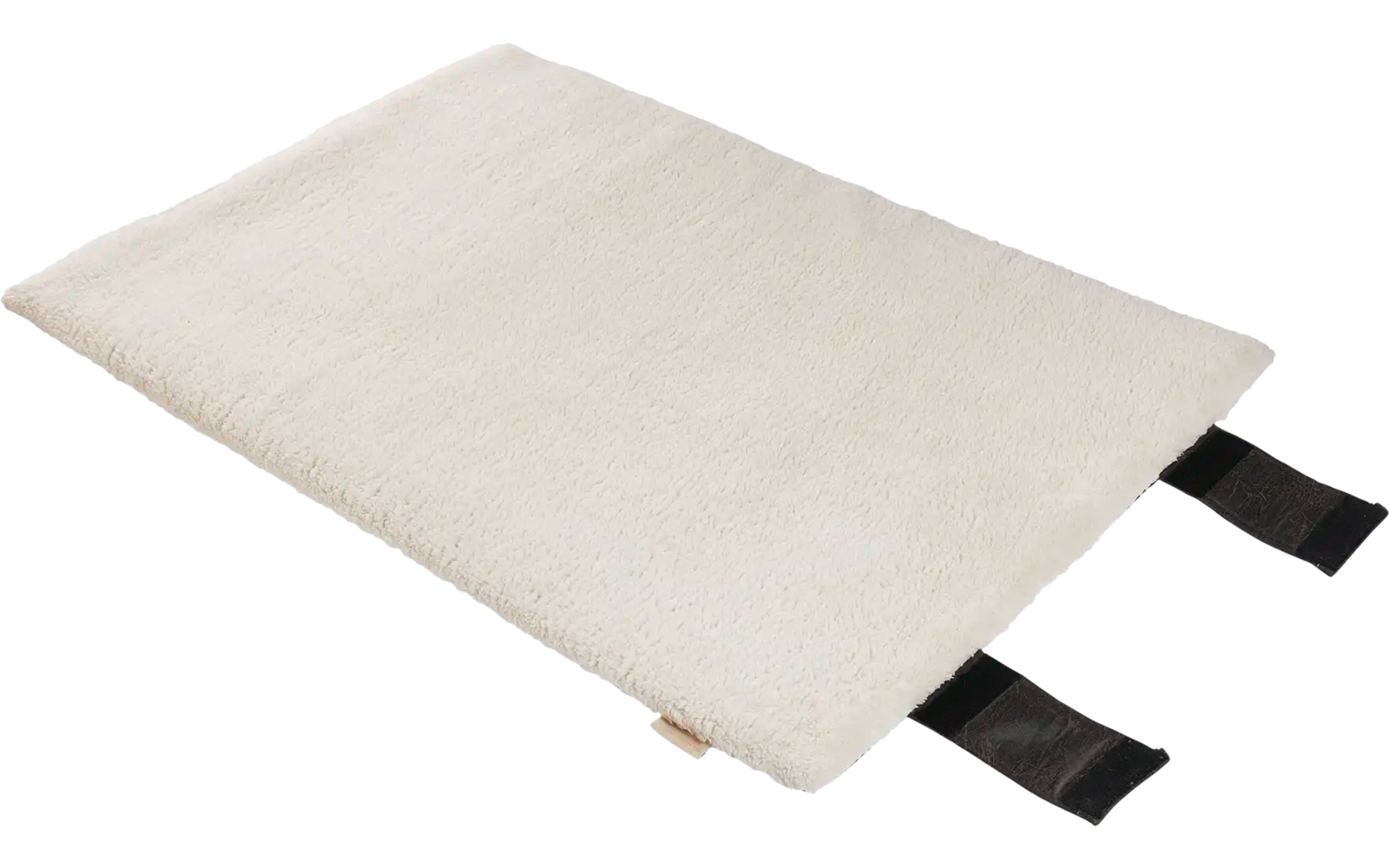 Beige rechteckiges Kissen mit zwei schwarzen Schlaufen an einer Seite