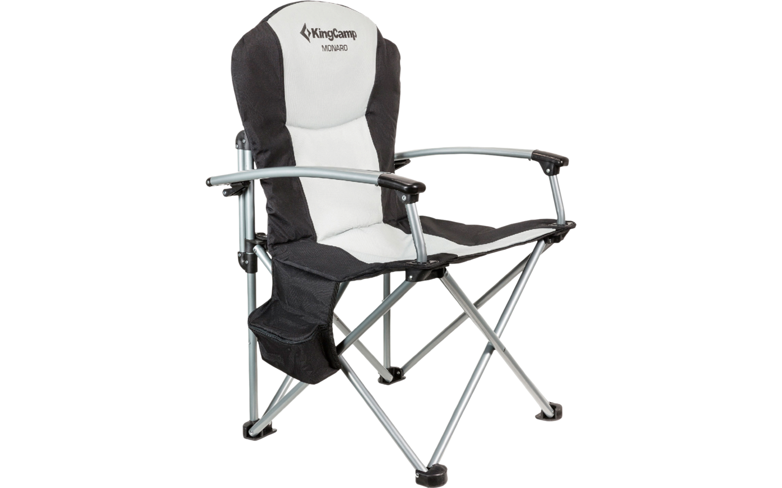 Chaise pliante en métal et tissu noir et blanc avec accoudoirs et poche latérale