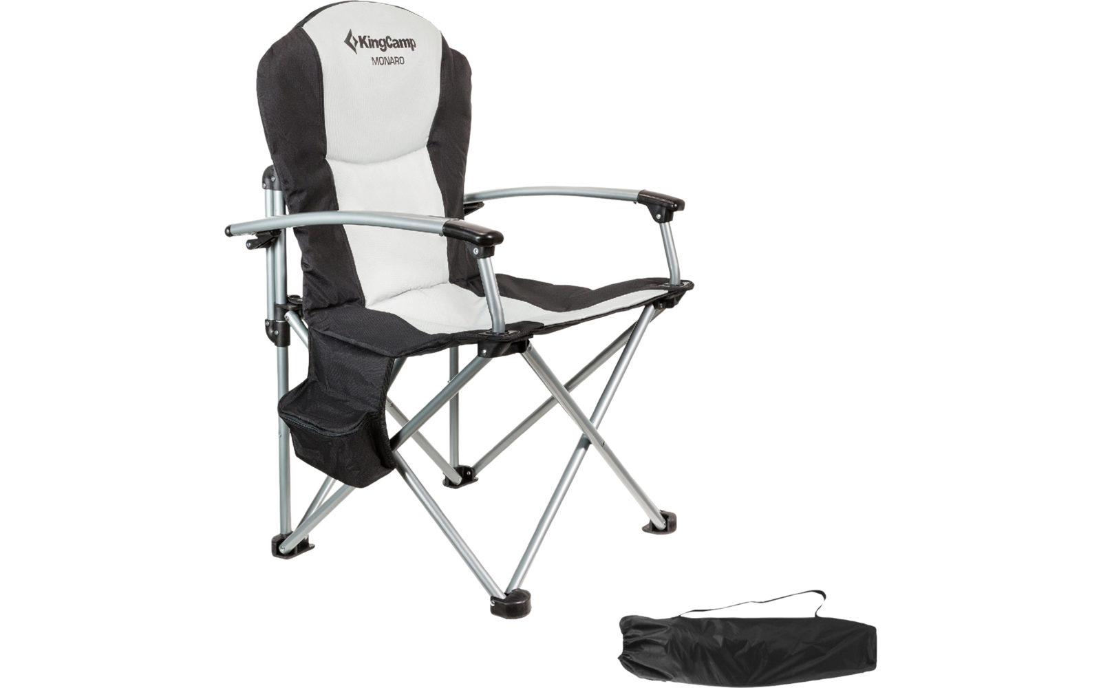 Chaise de camping pliante avec accoudoirs et sac sur fond blanc