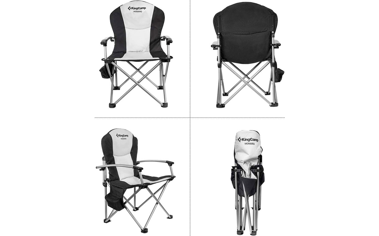 Deuxième image d'une chaise de camping portable et pliable avec accoudoirs, vue avant et arrière, pliée
