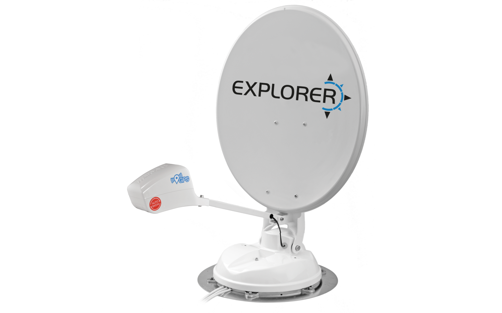 Weiße parabolförmige Schüssel auf runder Basis mit dem Schriftzug "EXPLORER" und blauem Kompass-Symbol, daran ein weißer Arm mit einem Aufsatz und sichtbaren Kabeln
