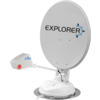 Weiße parabolförmige Schüssel auf runder Basis mit dem Schriftzug "EXPLORER" und blauem Kompass-Symbol, daran ein weißer Arm mit einem Aufsatz und sichtbaren Kabeln