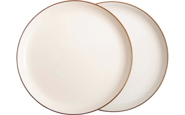 Twee witte ronde borden met dun goudkleurig randje, licht overlappend op een witte achtergrond