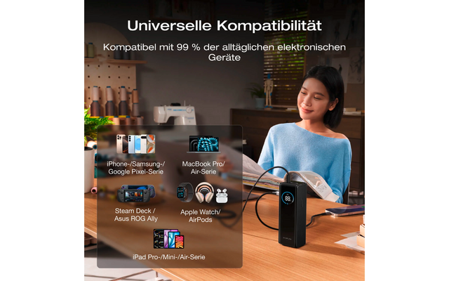 Frau sitzt am Schreibtisch mit Laptop, daneben ein Lautsprecher, Icons zeigen universelle Kompatibilität mit verschiedenen Geräten