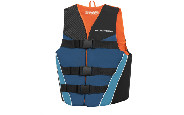 Blaue und orangefarbene Rettungsweste mit drei schwarzen Schnallen und der Aufschrift "HYDRO FORCE"