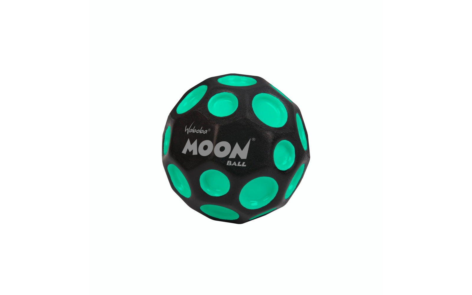 Schwarzer Ball mit grünen Flecken und der Aufschrift MOON