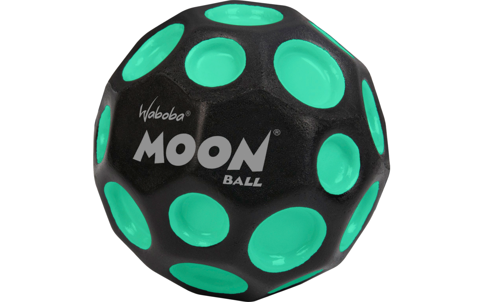 Zwarte bal met groene vlekken en het woord MOON