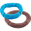 Zwei aufgerollte Kabel, eines hellblau oben, eines braun darunter, jeweils mit schwarzen Bändern, auf weißem Hintergrund