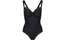 Maillot de bain une-pièce noir avec devant torsadé, bretelles réglables, fronces sur les côtés et petit logo blanc sur la hanche