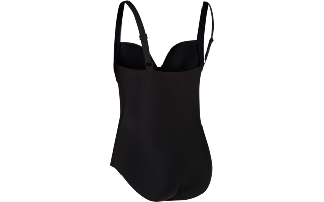 Maillot de bain une-pièce noir avec bonnets moulés et bretelles réglables sur fond blanc