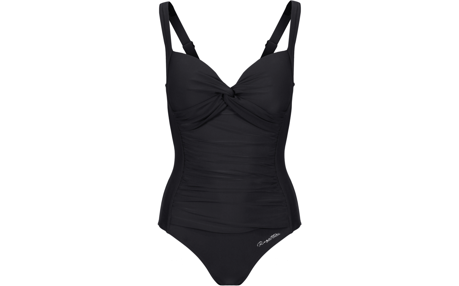 Maillot de bain une-pièce noir avec devant torsadé, bretelles réglables, fronces sur les côtés et petit logo blanc sur la hanche