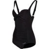 Maillot de bain une-pièce noir avec devant torsadé, bretelles réglables, fronces latérales et petit logo en bas à gauche