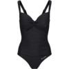 Maillot de bain une-pièce noir avec devant torsadé, bretelles réglables, fronces sur les côtés et petit logo blanc sur la hanche