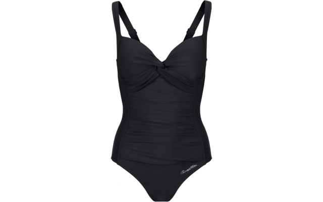 Maillot de bain une-pièce noir avec devant torsadé, bretelles réglables, fronces sur les côtés et petit logo blanc sur la hanche