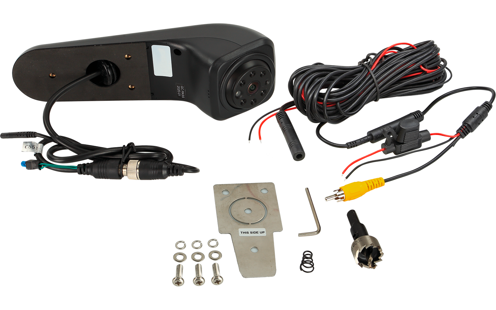 Schwarzes Gehäuse mit runder Linse, mehrere lange Kabel mit roten und schwarzen Drähten, gelber Video-Stecker, Metallbefestigungsplatte, sechs Schrauben/Muttern, kleiner Inbusschlüssel und weitere Steckverbinder auf weißem Hintergrund
