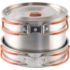 Zwei übereinander gestapelte runde Edelstahlbehälter mit Metalldeckel und orangefarbenen Bügelklammern