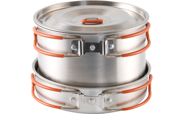 Zwei übereinander gestapelte runde Edelstahlbehälter mit Metalldeckel und orangefarbenen Bügelklammern