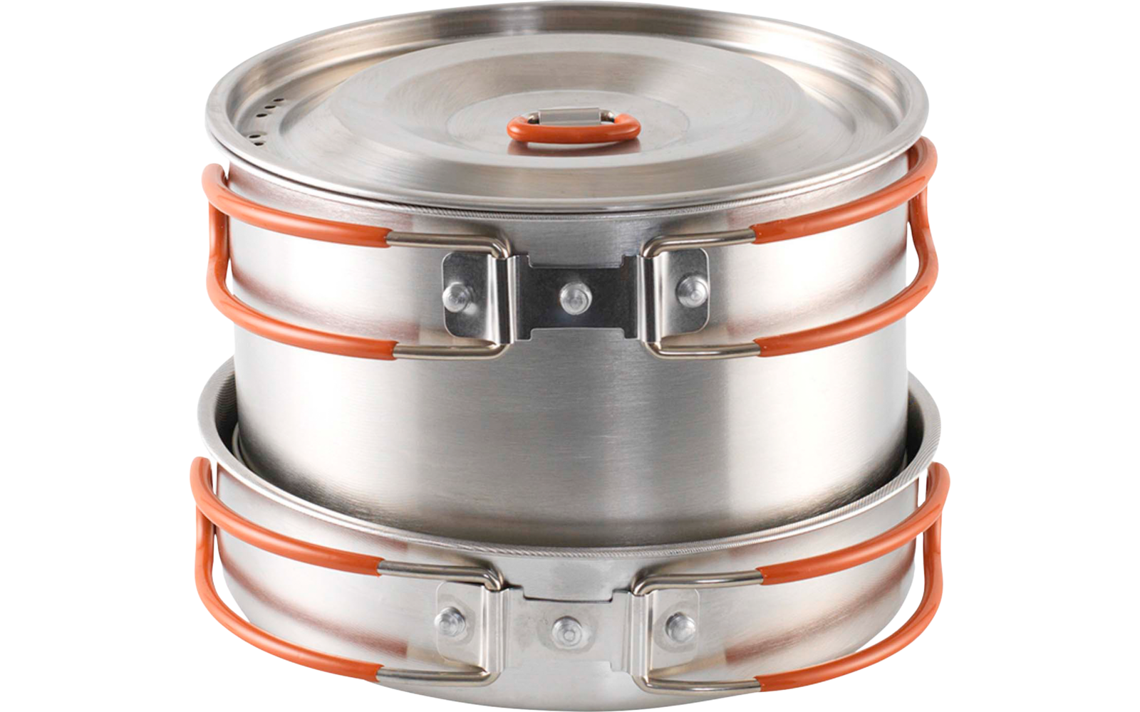 Zwei übereinander gestapelte runde Edelstahlbehälter mit Metalldeckel und orangefarbenen Bügelklammern