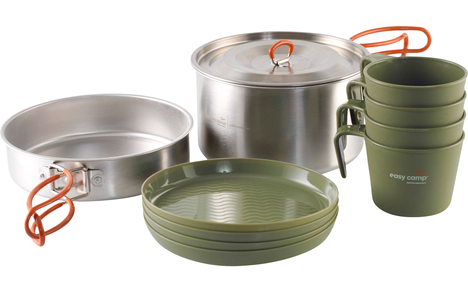 Metalltopf mit Deckel und orangefarbenen Bügelgriffen, Metallschale mit orangefarbenen Griffen, gestapelte grüne Kunststoffbecher und gestapelte flache grüne Schalen