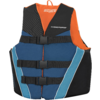 Dunkelblaue Schwimmweste mit orangefarbenem Innenfutter, schwarzen Schulterpartien mit diagonaler Musterung, drei schwarzen horizontalen Gurten mit Steckschließen, hellblauen Seitenstreifen und weißem "HYDRO FORCE"-Schriftzug