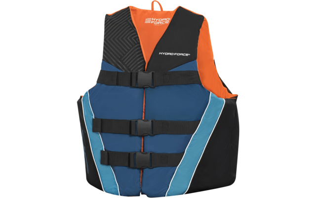 Dunkelblaue Schwimmweste mit orangefarbenem Innenfutter, schwarzen Schulterpartien mit diagonaler Musterung, drei schwarzen horizontalen Gurten mit Steckschließen, hellblauen Seitenstreifen und weißem "HYDRO FORCE"-Schriftzug