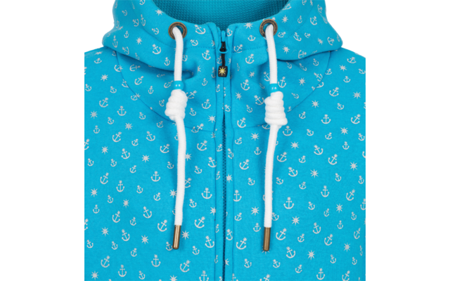 Blauer Kapuzenpullover mit weißen Ankern und weißen Kordeln am Kragen
