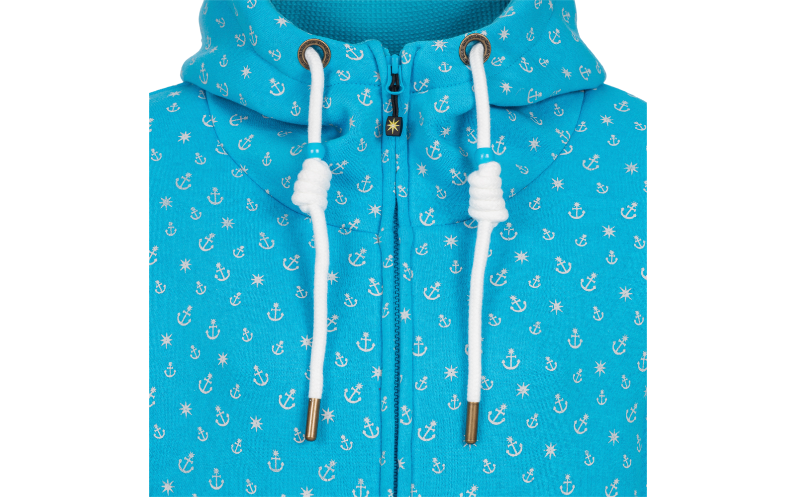 Blauer Kapuzenpullover mit weißen Ankern und weißen Kordeln am Kragen