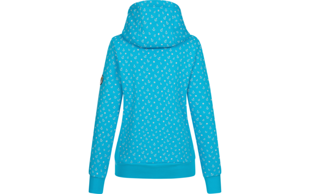Blauer Kapuzenpullover mit weißen Punkten von hinten