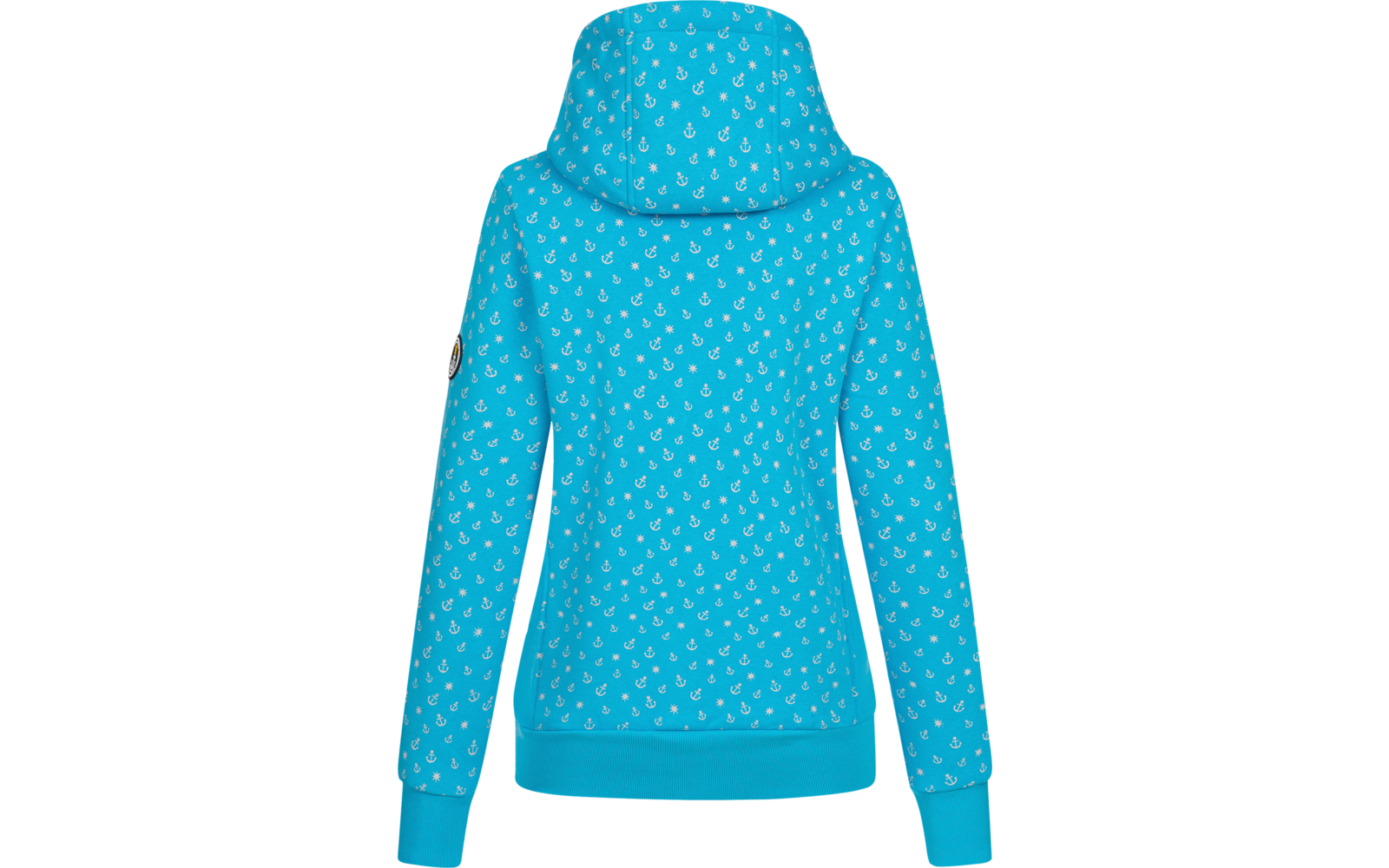 Blauer Kapuzenpullover mit weißen Punkten von hinten