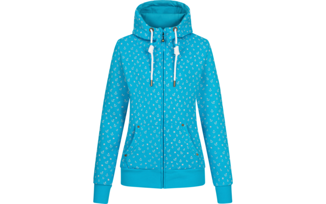 Türkisfarbene Kapuzenjacke mit weißen Sternen und Kordeln, Reißverschluss und Taschen
