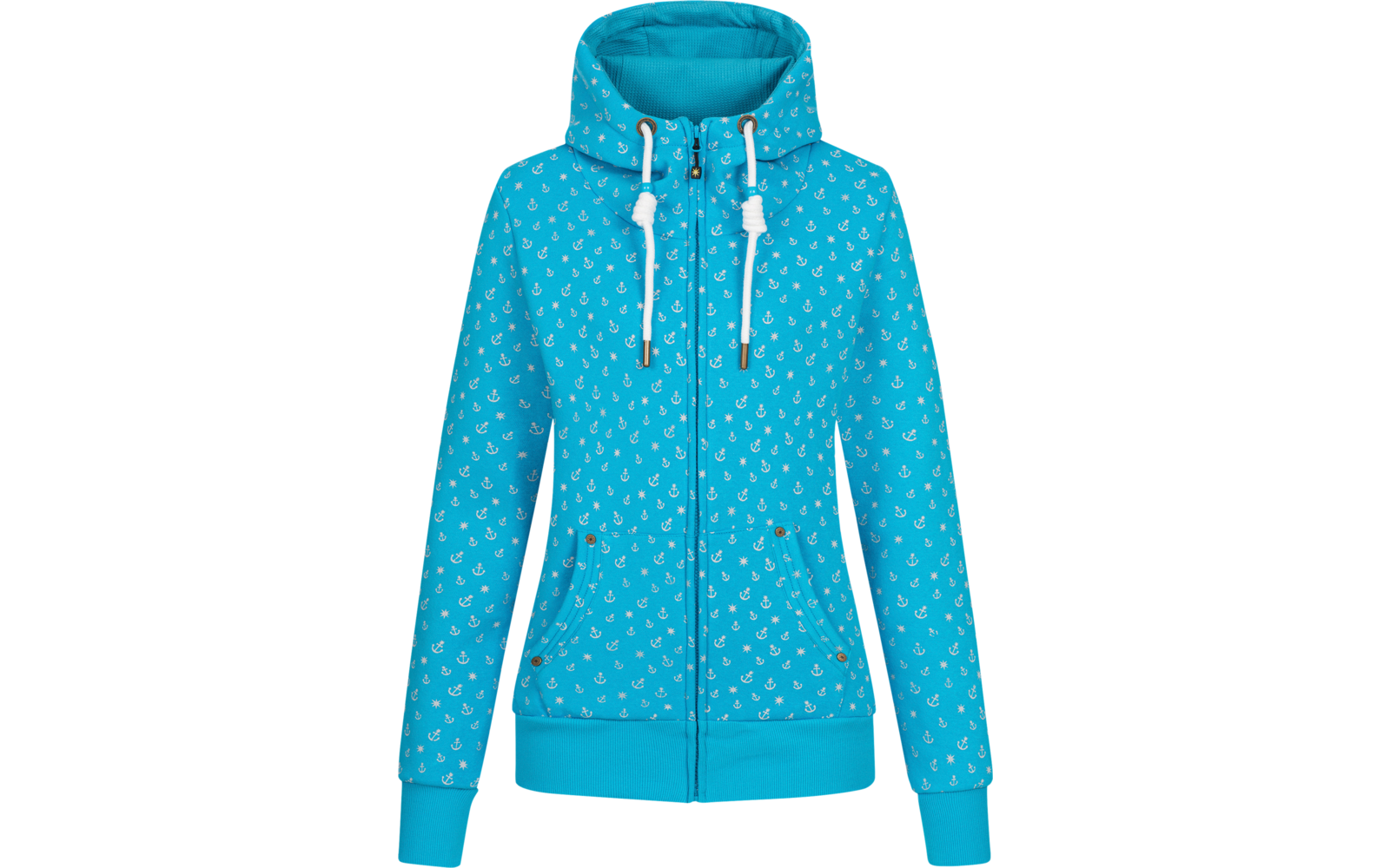 Türkisfarbene Kapuzenjacke mit weißen Sternen und Kordeln, Reißverschluss und Taschen