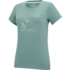 T-shirt menthe à manches courtes avec encolure ronde, imprimé floral sur la poitrine avec petit texte en dessous, étiquette de marque dans le col, petit logo sur une manche