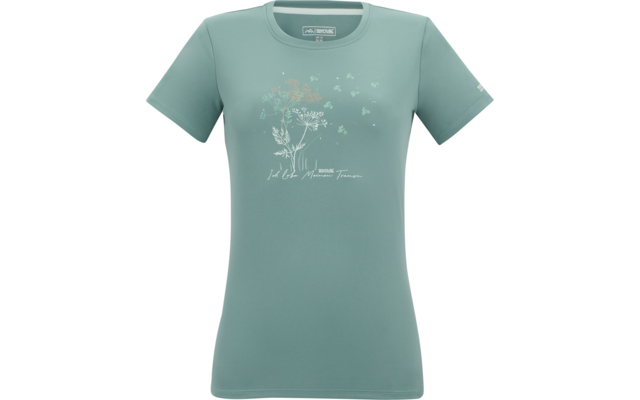 T-shirt cintré manches courtes vert menthe avec encolure ronde ; motif floral blanc et orange centré devant avec petits papillons et une ligne de texte en écriture cursive