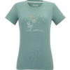 T-shirt cintré manches courtes vert menthe avec encolure ronde ; motif floral blanc et orange centré devant avec petits papillons et une ligne de texte en écriture cursive