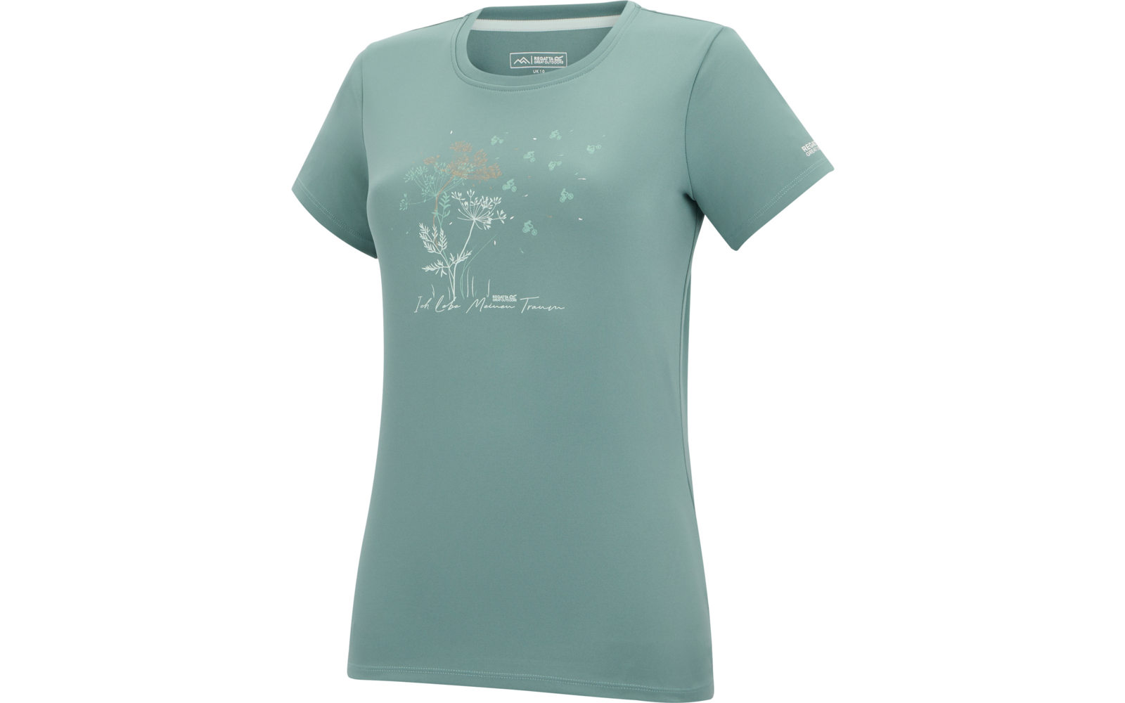T-shirt menthe à manches courtes avec encolure ronde, imprimé floral sur la poitrine avec petit texte en dessous, étiquette de marque dans le col, petit logo sur une manche