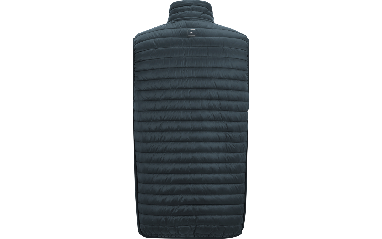 Rücken einer dunkelblauen, gestepp­ten, ärmellosen Weste mit Stehkragen und kleinem rechteckigem Logo oben