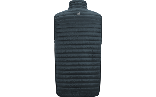 Rücken einer dunkelblauen, gestepp­ten, ärmellosen Weste mit Stehkragen und kleinem rechteckigem Logo oben