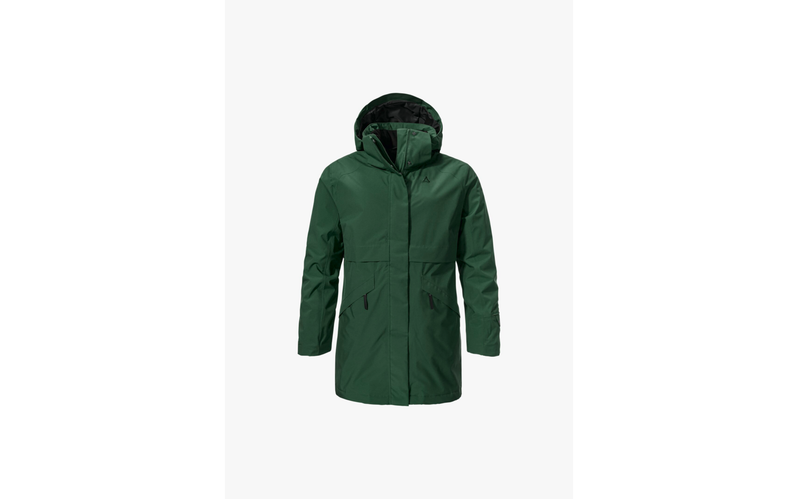 Dunkelgrüner Parka mit Kapuze auf weißem Hintergrund