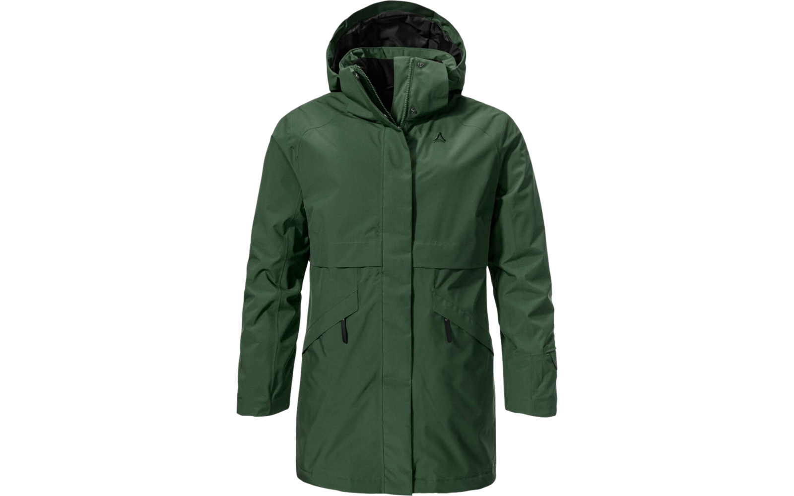 Dunkelgrüner Parka mit Kapuze auf weißem Hintergrund