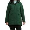 Femme porte une veste verte et sourit